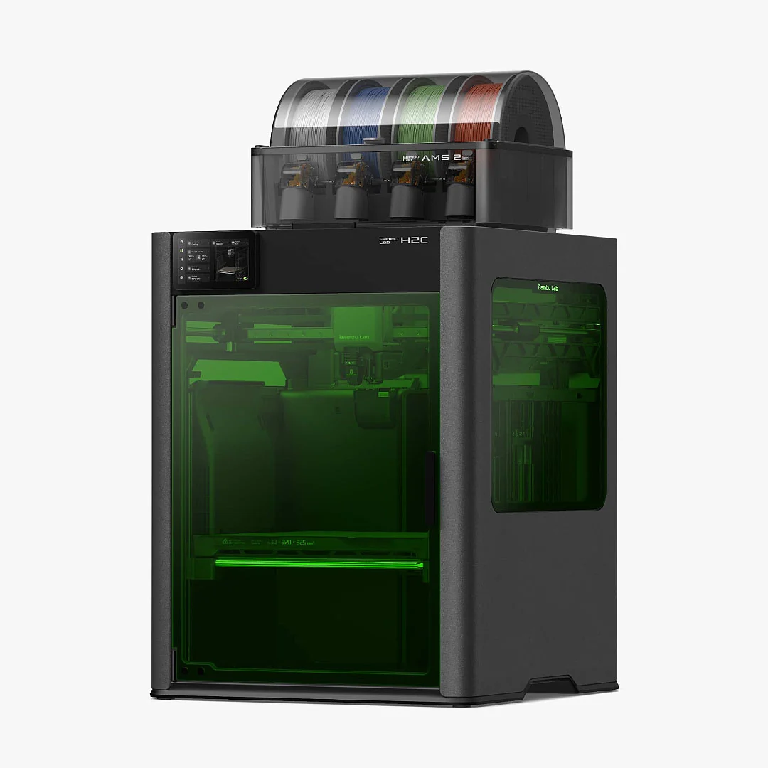 Bambu Lab H2C Laser Full Combo with green laser-safe enclosure glass and AMS 2 Pro filament unit on top