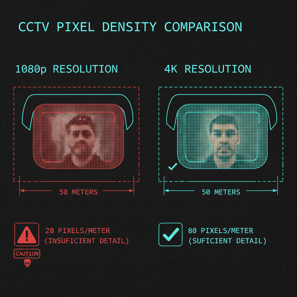 Technical diagram comparing 1080p vs 4K pixel density for CCTV camera design