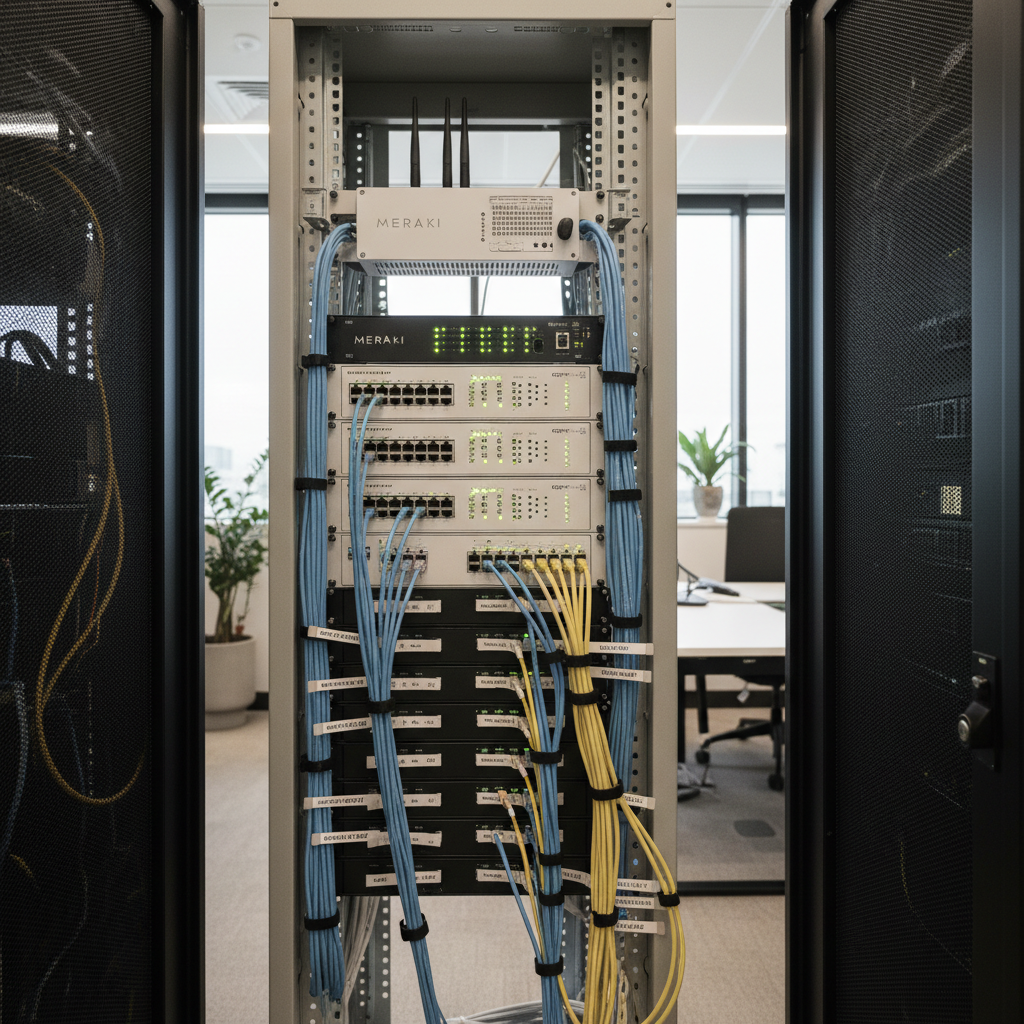 Network cabinet in an Australian commercial office showing Meraki MX and structured cabling