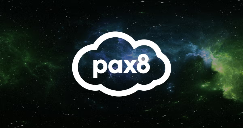 Pax8 logo on a green nebula space background