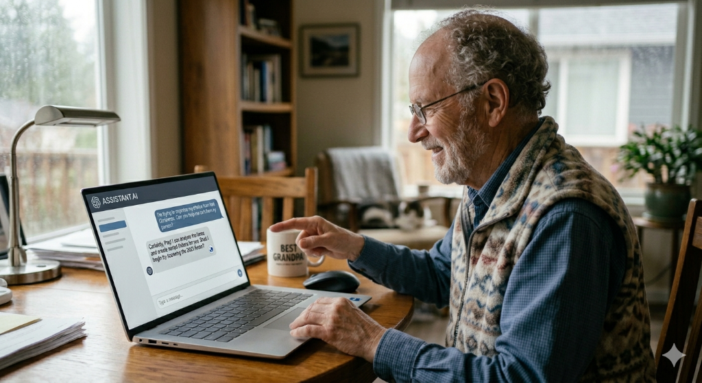 Older adult happily using AI on a laptop