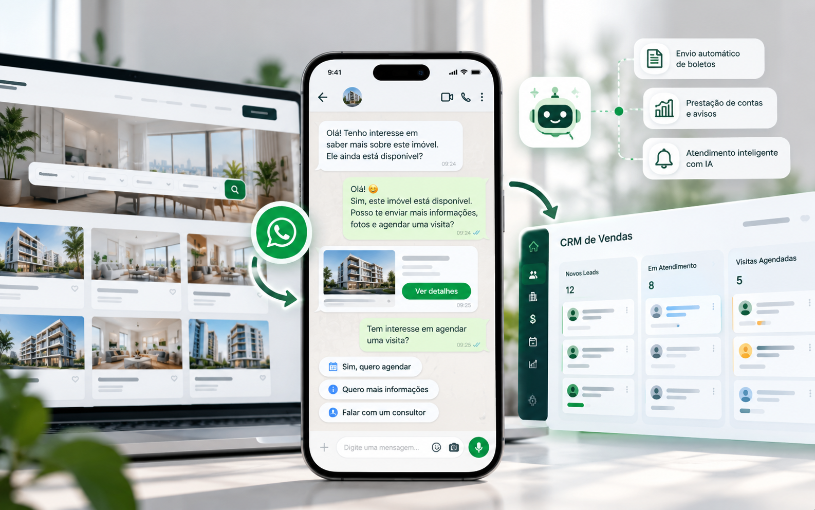 WhatsApp integrado ao CRM imobiliário com inteligência artificial e automação de atendimento