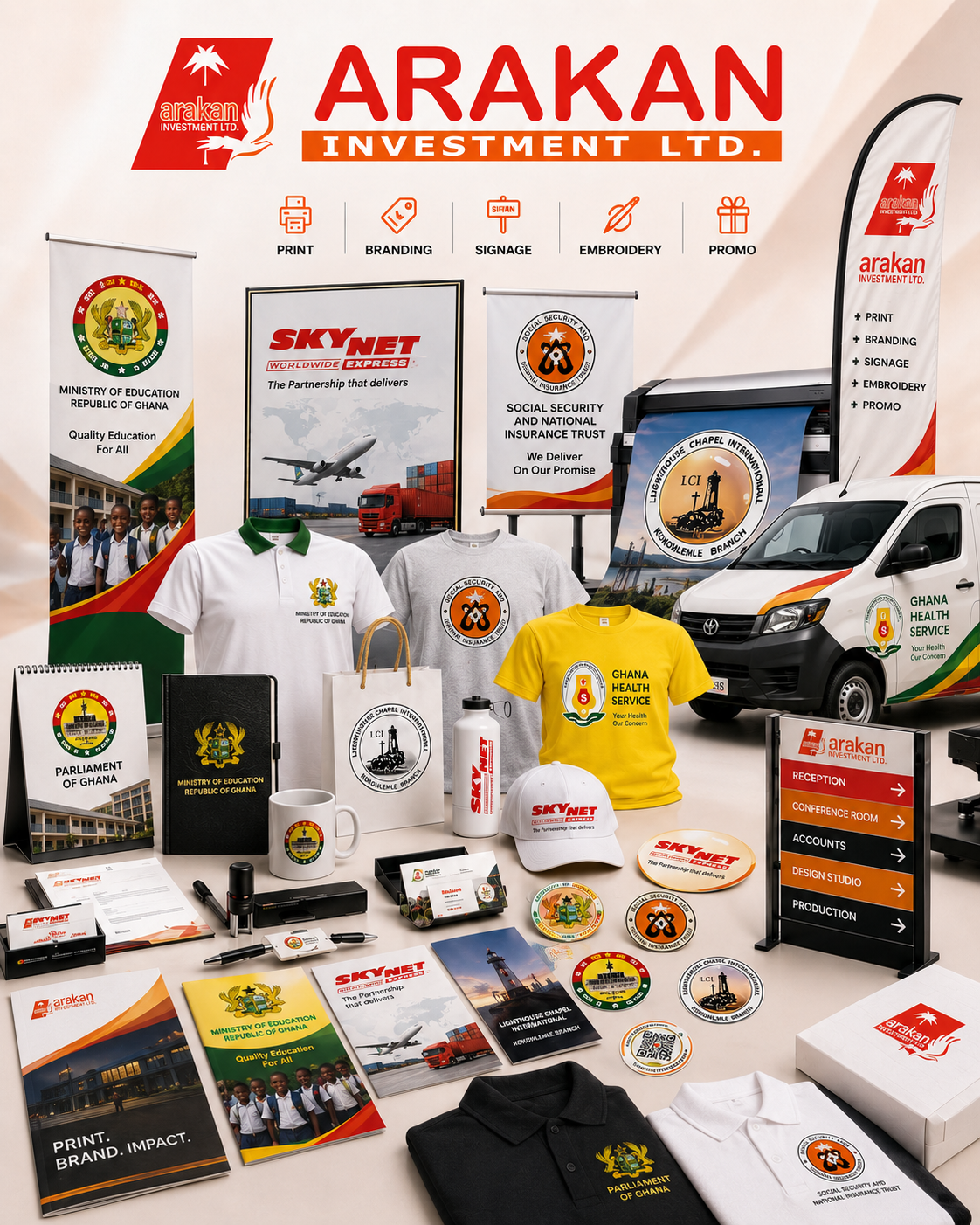 Arakan Investment Ltd. print products — banners, packaging, business cards, brochures and more