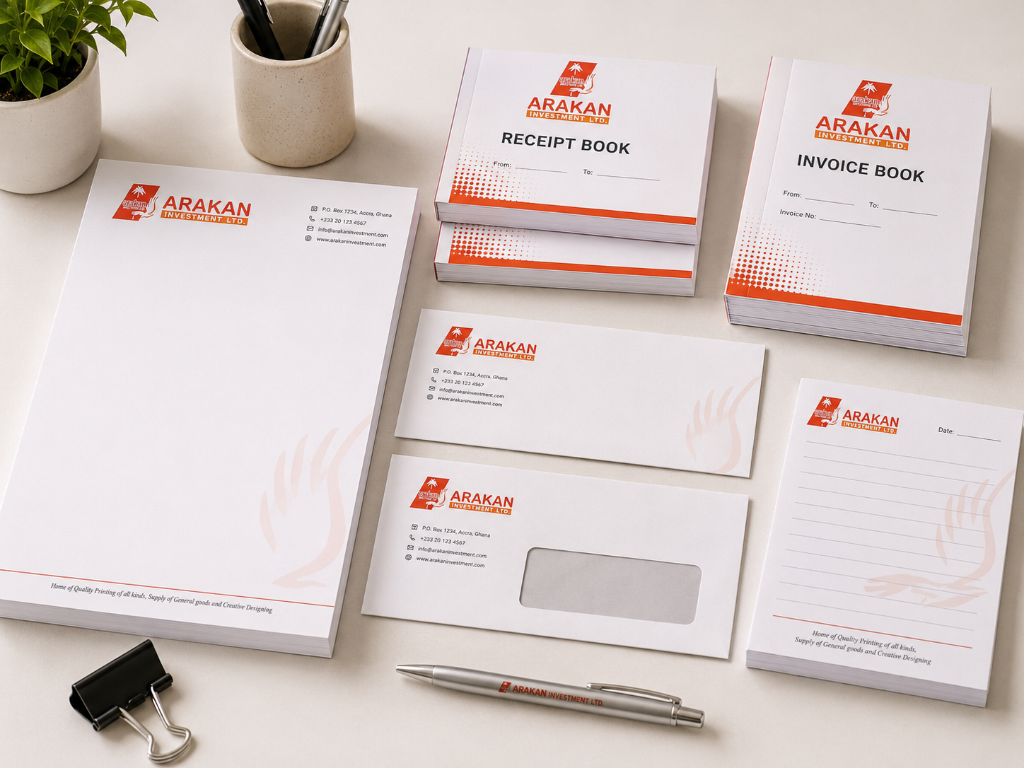 Branded letterheads, receipt books, and office stationery by Arakan Investment Ltd.