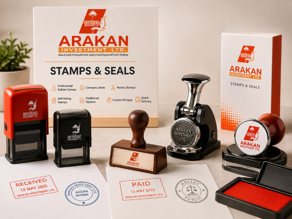 Rubber stamps, company seals, and notary stamps by Arakan Investment Ltd. Accra