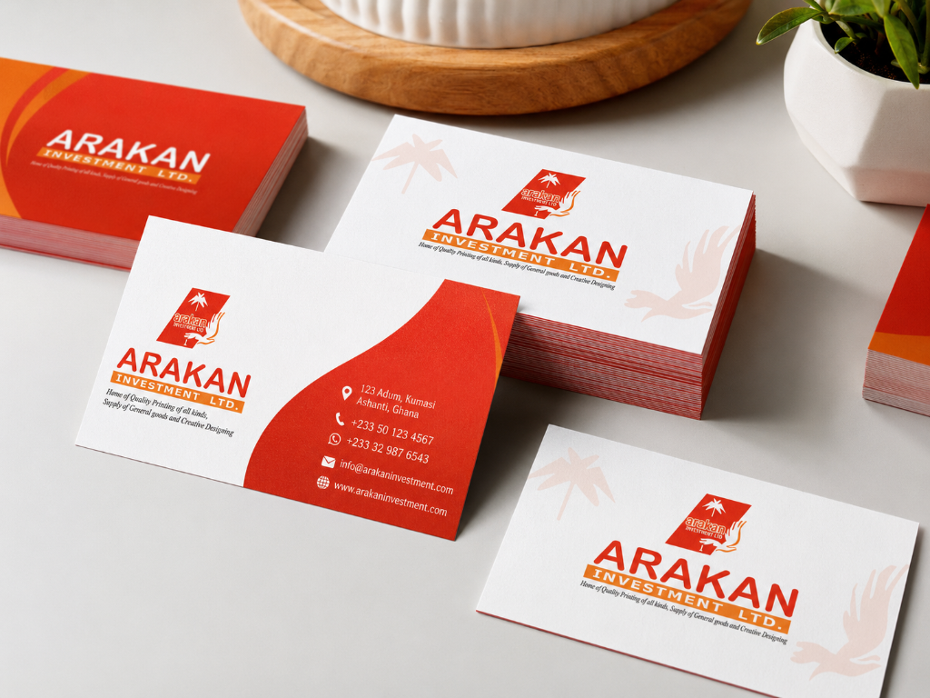 Premium Arakan Investment Ltd. business cards printed in Accra, Ghana