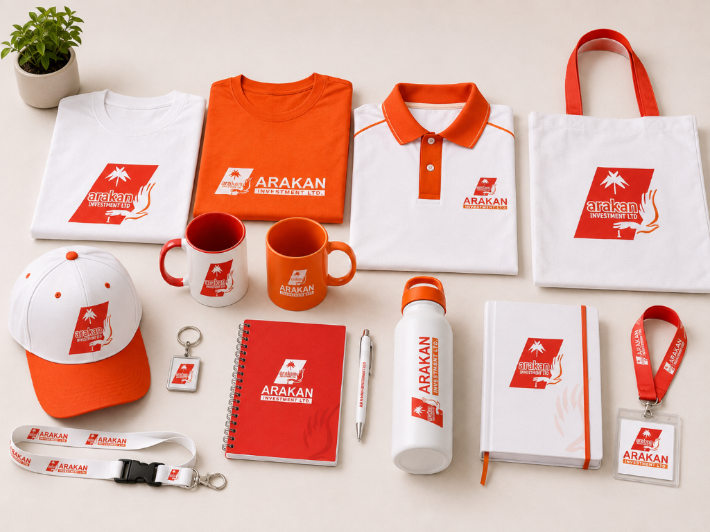 Branded t-shirts, mugs, caps, and promotional merchandise by Arakan Investment Ltd.