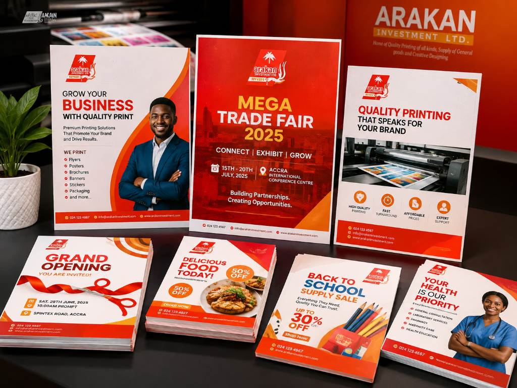Full-colour flyers and posters printed by Arakan Investment Ltd. in Accra