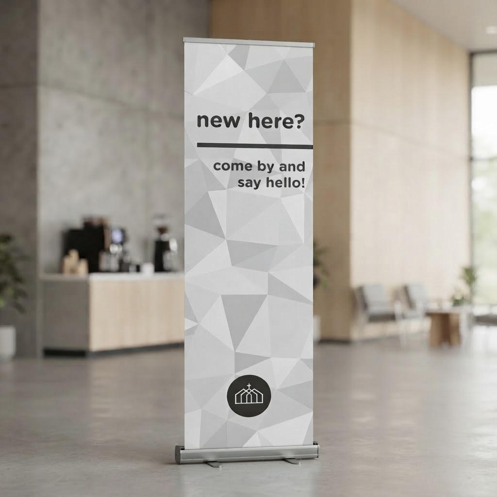 Retractable Banner — "new here?"