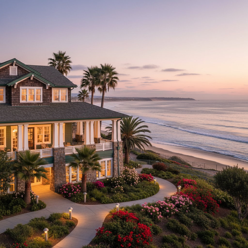 Coastal senior living community at dusk