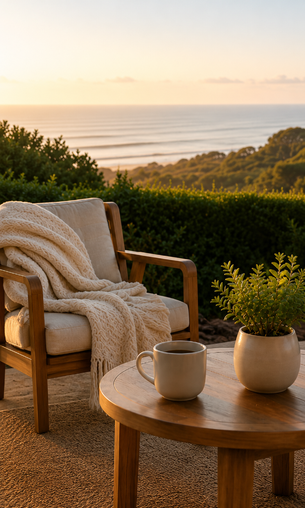 Peaceful senior living outdoor patio with comfortable seating