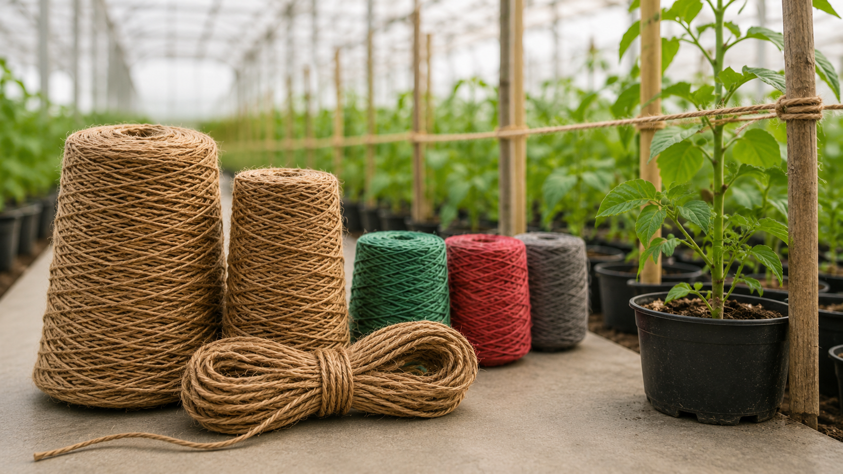 Natural coconut coir round cone twine for greenhouse tying and nursery plant support by Nordic Coir