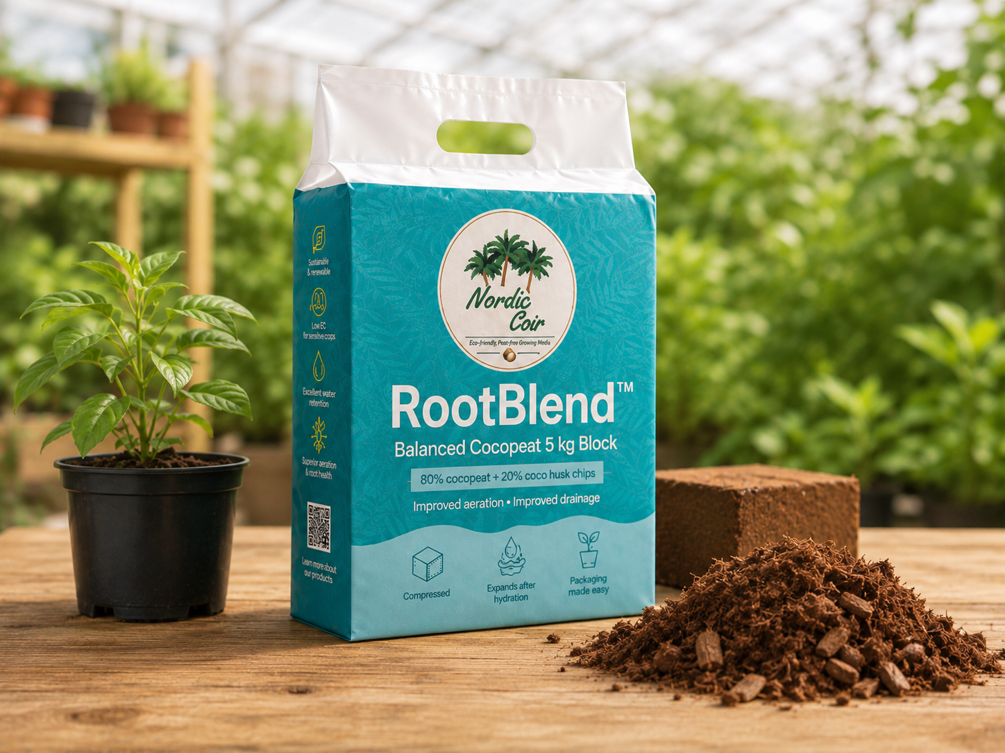 RootBlend 80/20 coco peat and coco husk chip 5 kg compressed block by Nordic Coir
