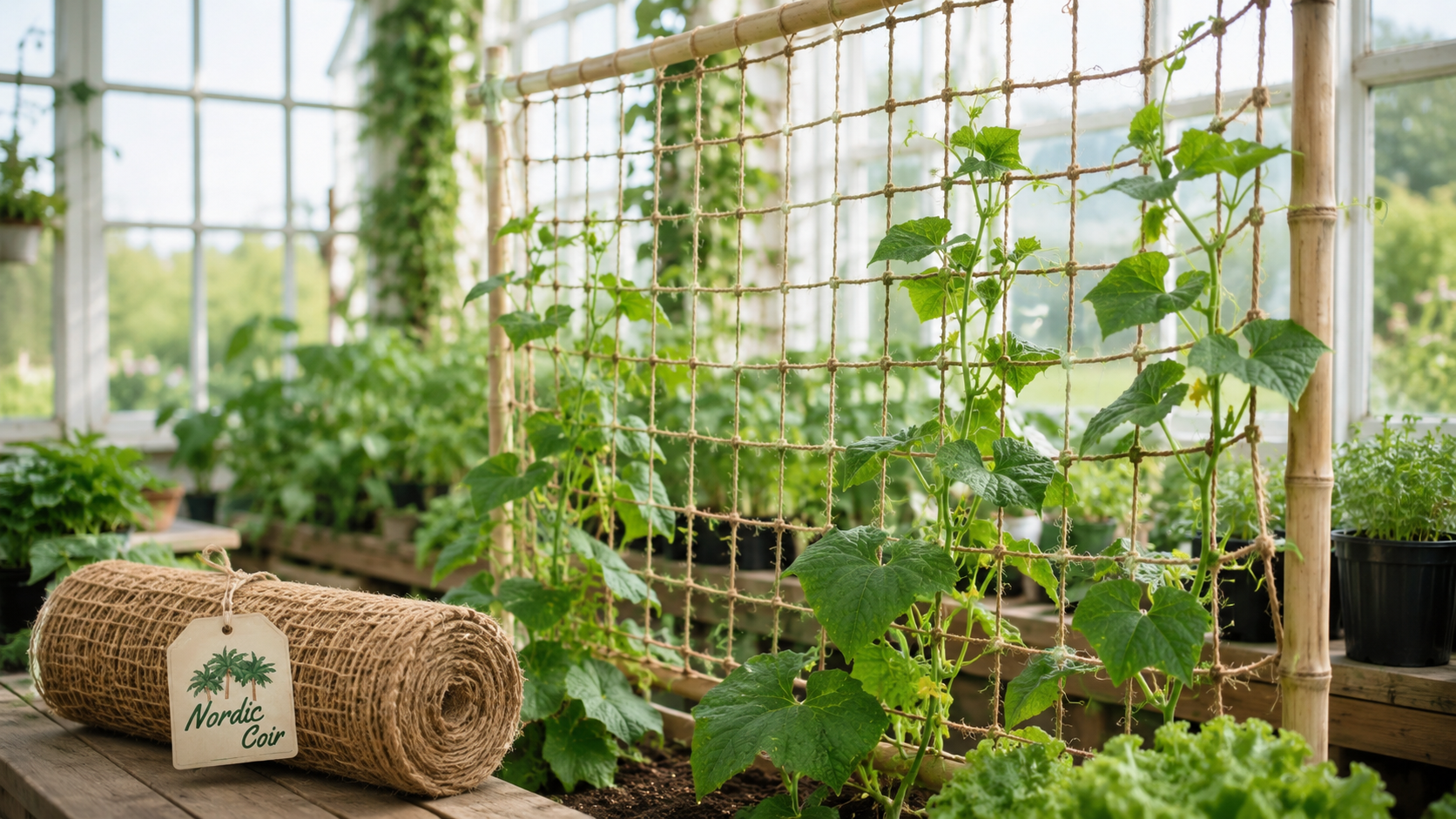 Natural coconut coir trellis net supporting climbing crops in a greenhouse by Nordic Coir