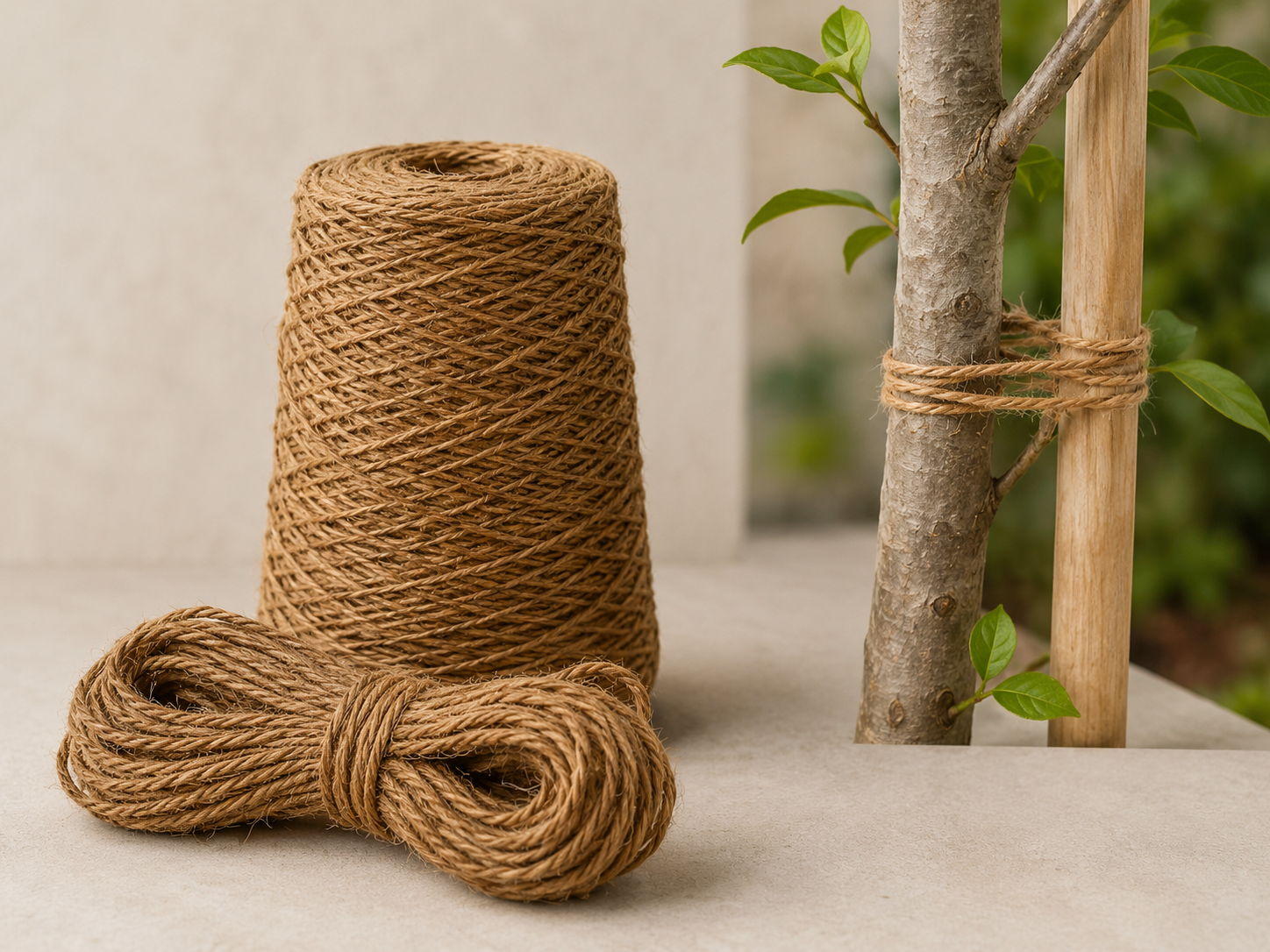 Natural coconut coir flat cone twine for nursery plant tying and tree support by Nordic Coir