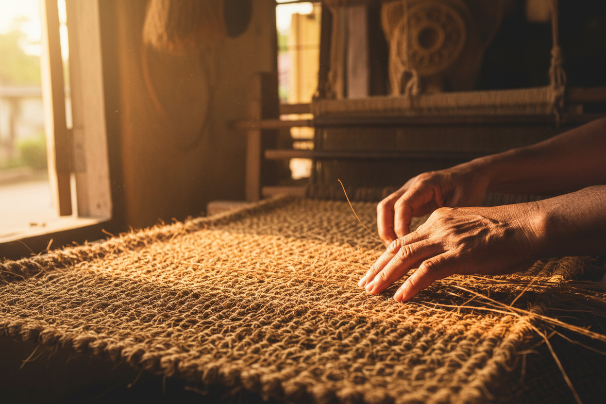 Sri Lankan artisan weaving coir fiber