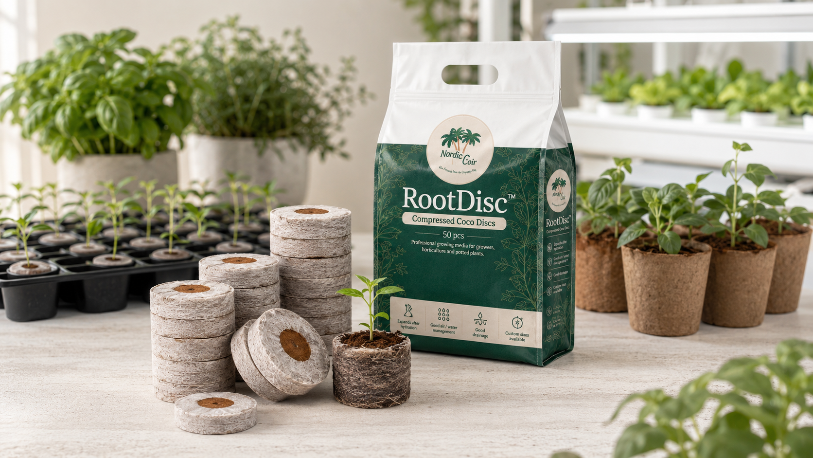 RootDisc compressed coconut coir propagation discs for professional seed starting and nursery production by Nordic Coir