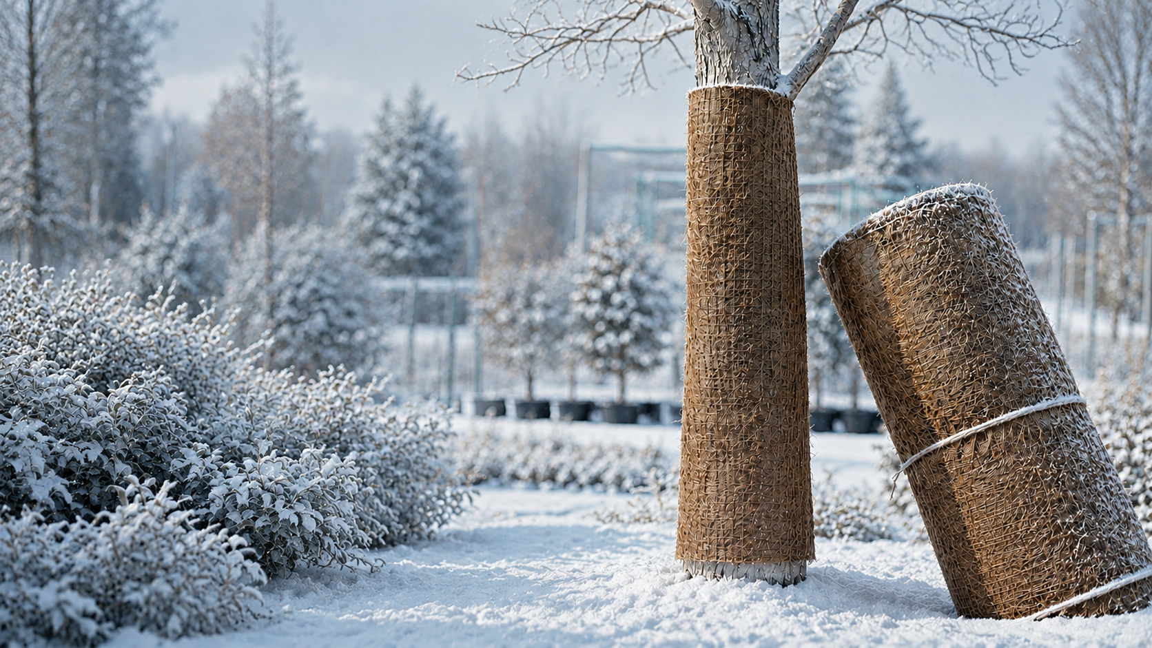 Natural coconut coir bark guard protecting a young tree in winter conditions by Nordic Coir