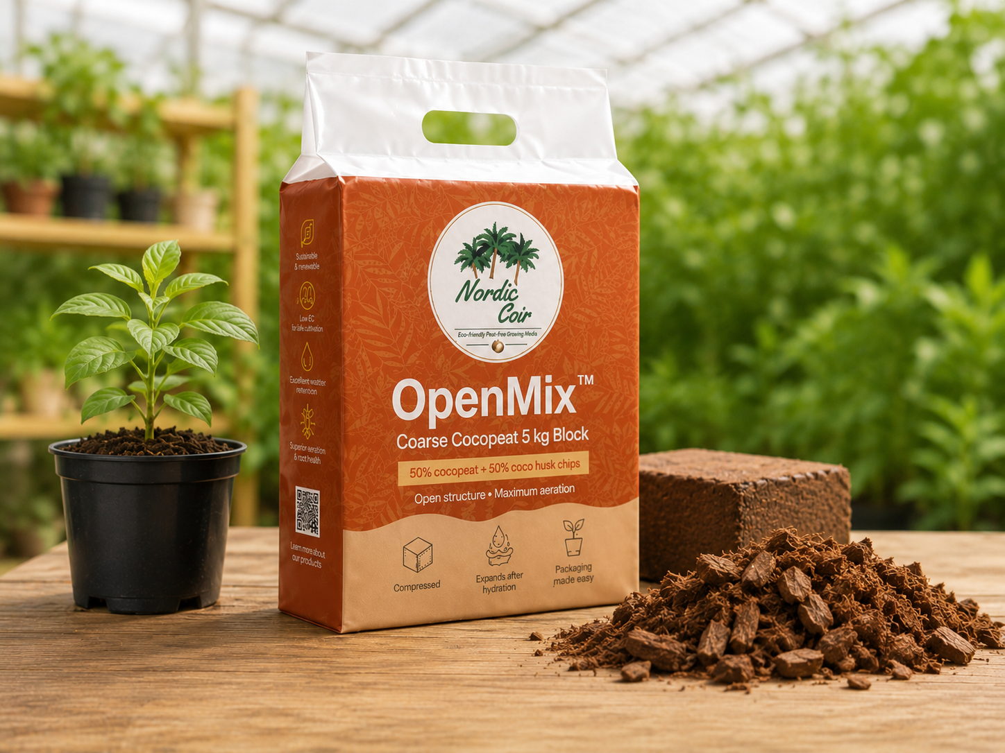 OpenMix 50/50 coarse coco peat and coco husk chip 5 kg compressed block by Nordic Coir