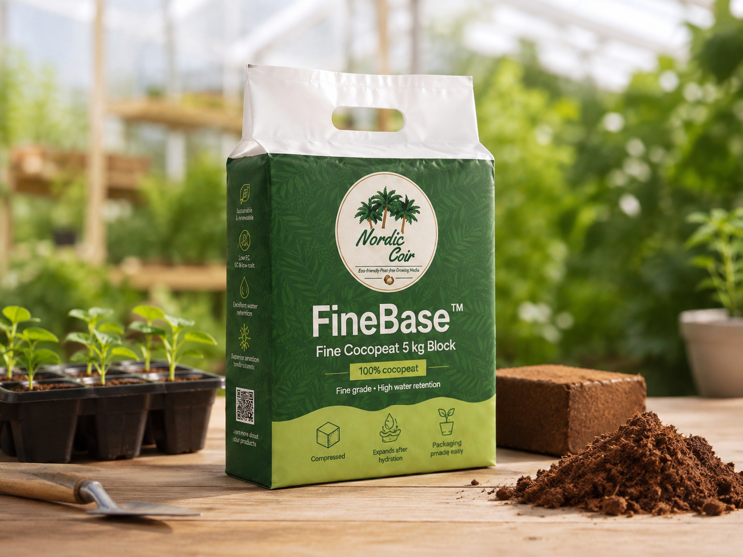 FineBase 5 kg compressed fine coco peat block by Nordic Coir for professional growing media