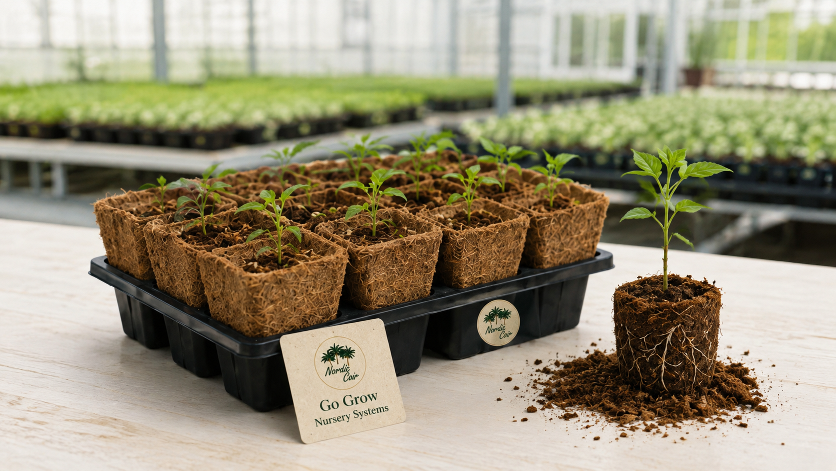 Go Grow structured coconut coir nursery propagation cells with seedlings and established roots by Nordic Coir