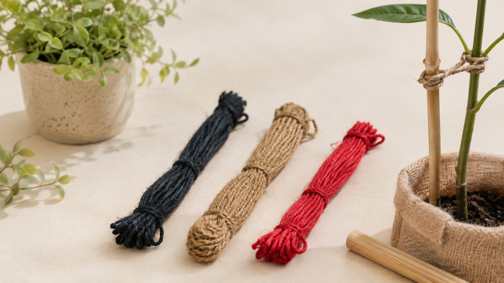 Natural coconut coir Short Hank Twine in natural, black and red colours for gardening and plant support by Nordic Coir