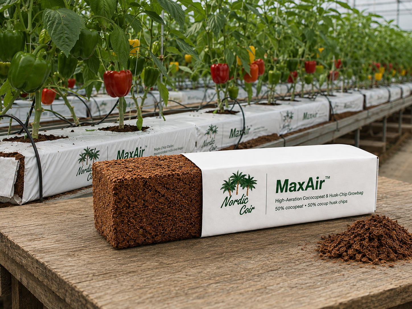 MaxAir 50/50 cocopeat and coco chip grow slabs in a professional sweet pepper greenhouse by Nordic Coir
