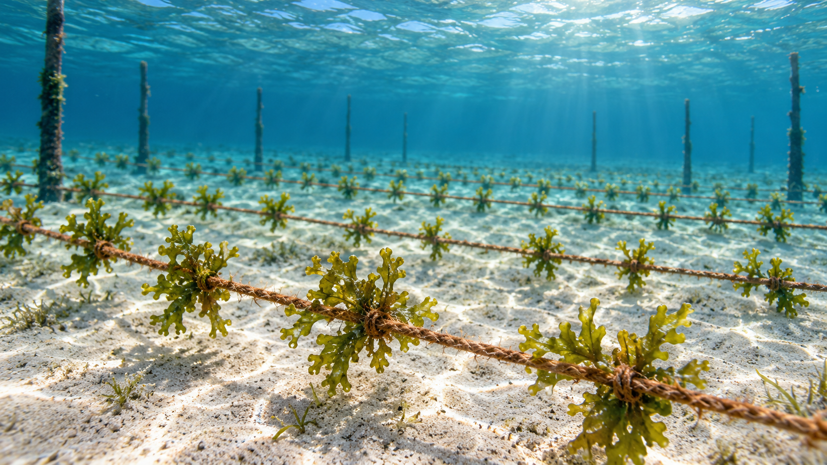 Aqua Twine natural coconut coir twine used for seaweed cultivation in a marine aquaculture system by Nordic Coir