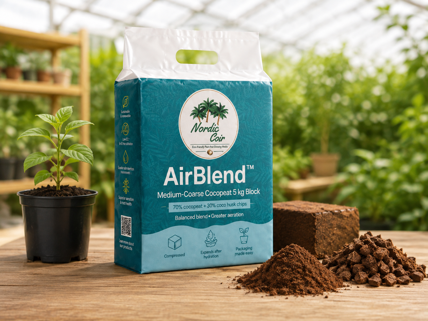 AirBlend 70/30 coco peat and coco husk chip 5 kg compressed block by Nordic Coir