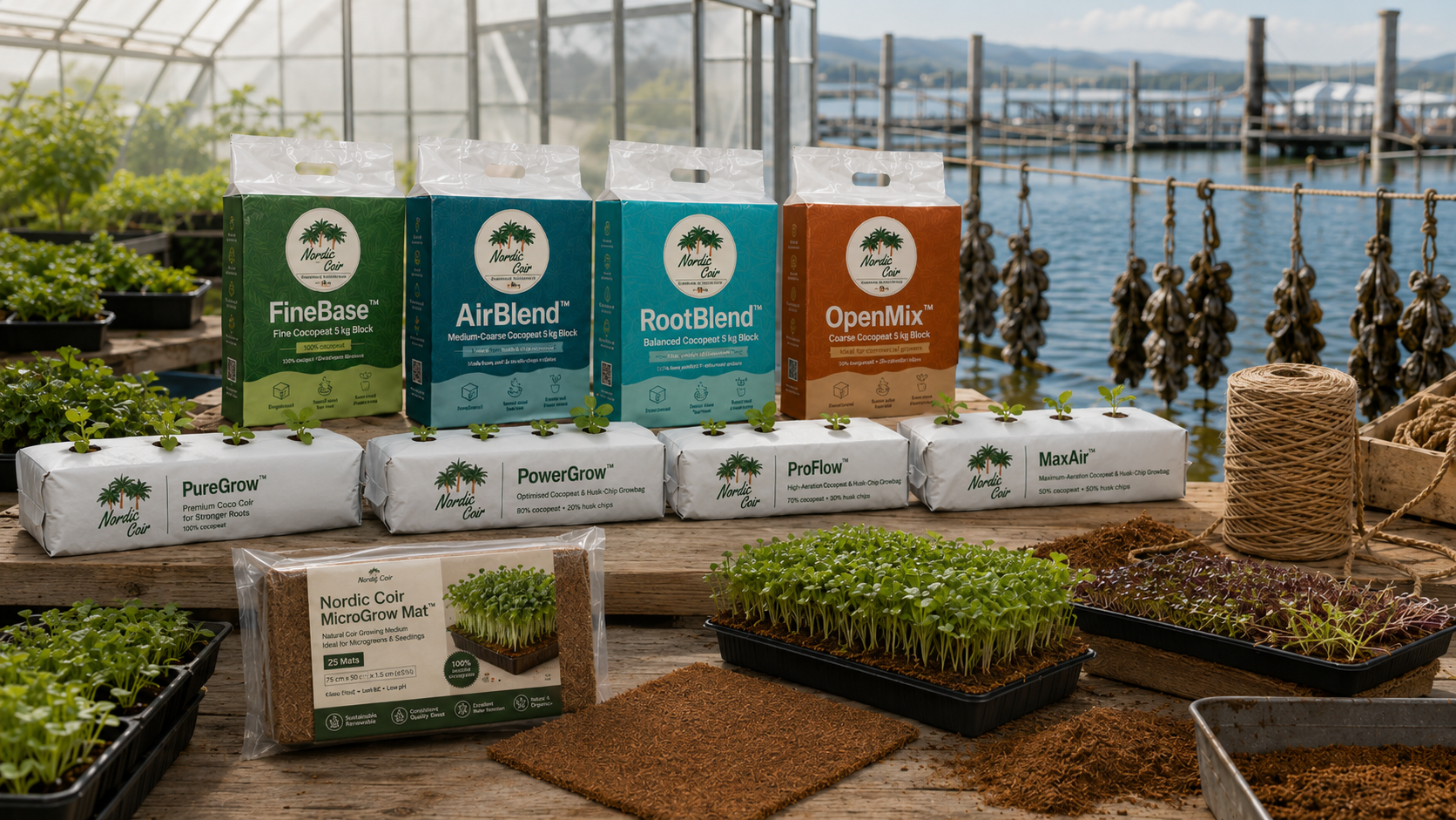 Nordic Coir cocopeat blocks, grow bags, and aquaculture products in a greenhouse and waterfront setting