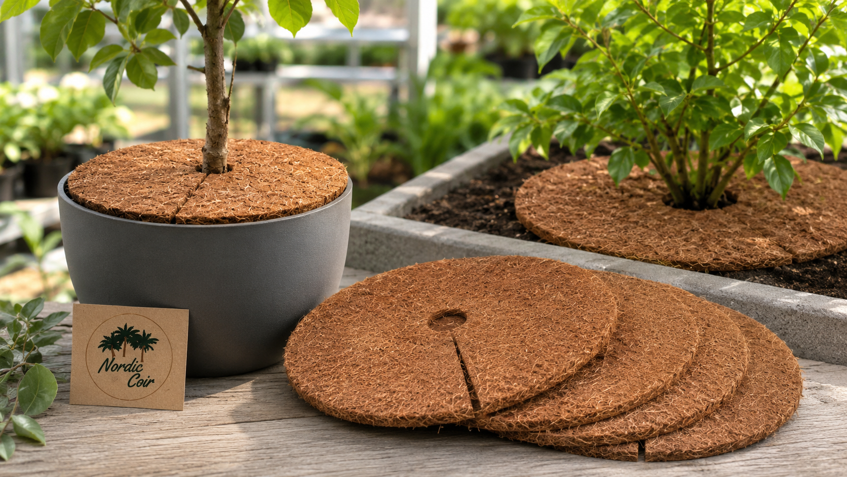 Natural coconut coir moisture retainer discs around container plants and trees by Nordic Coir