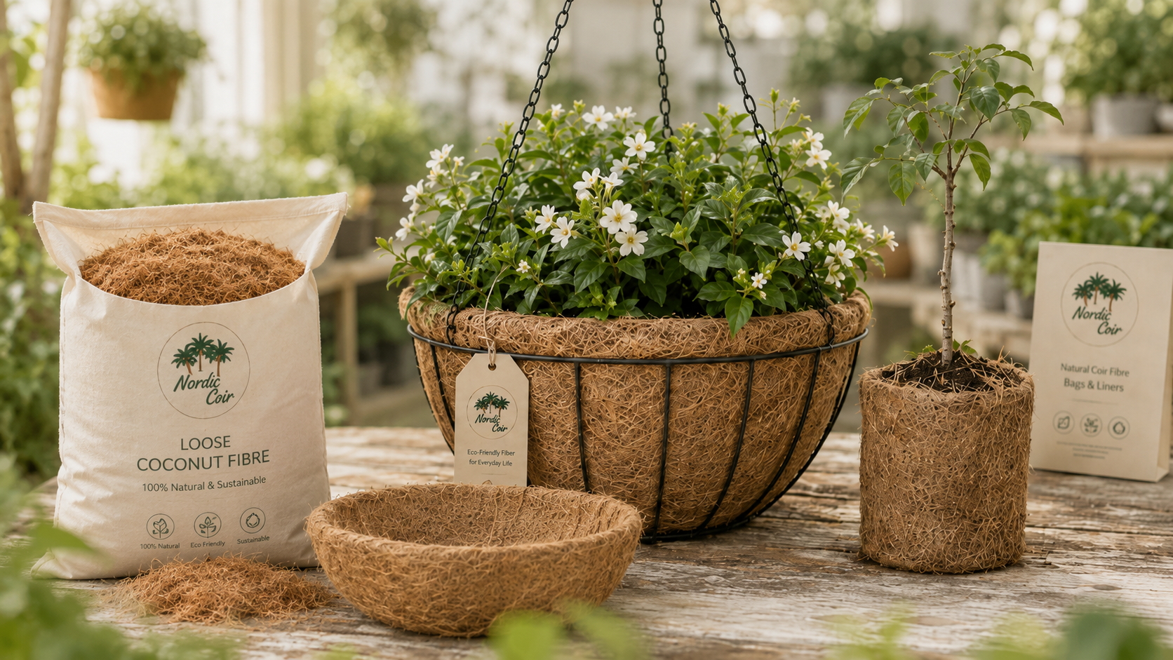 Natural coconut coir fibre bags and basket liners for nursery and horticultural growing by Nordic Coir