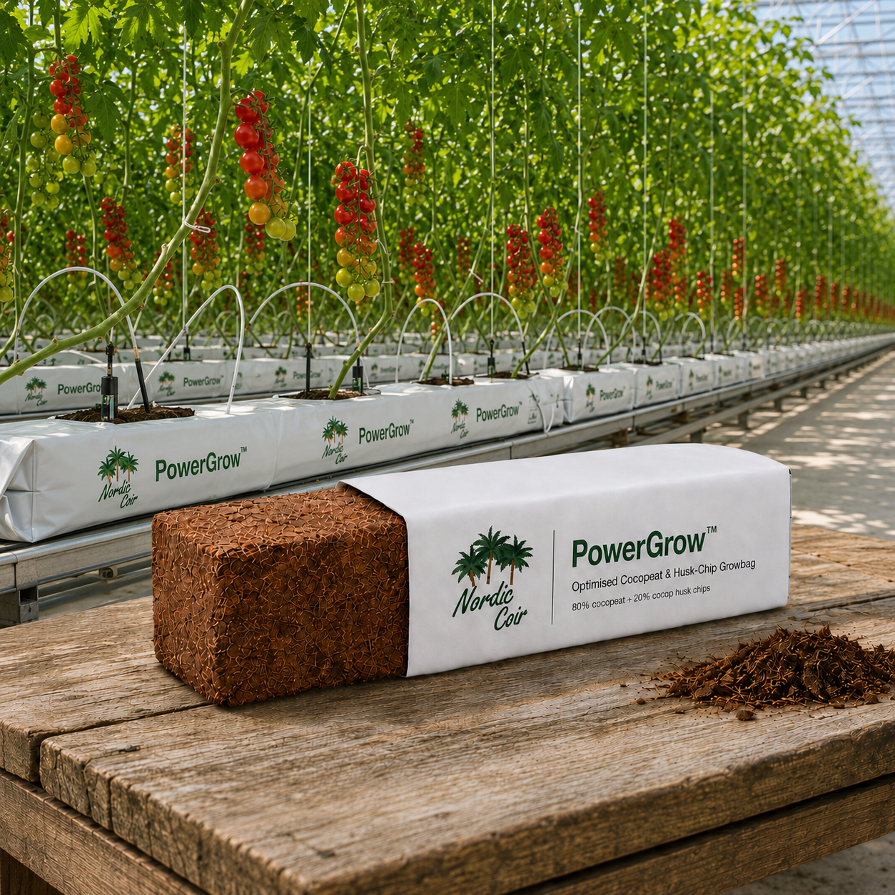 PowerGrow coco peat grow slab with 80% cocopeat and 20% coco chips by Nordic Coir