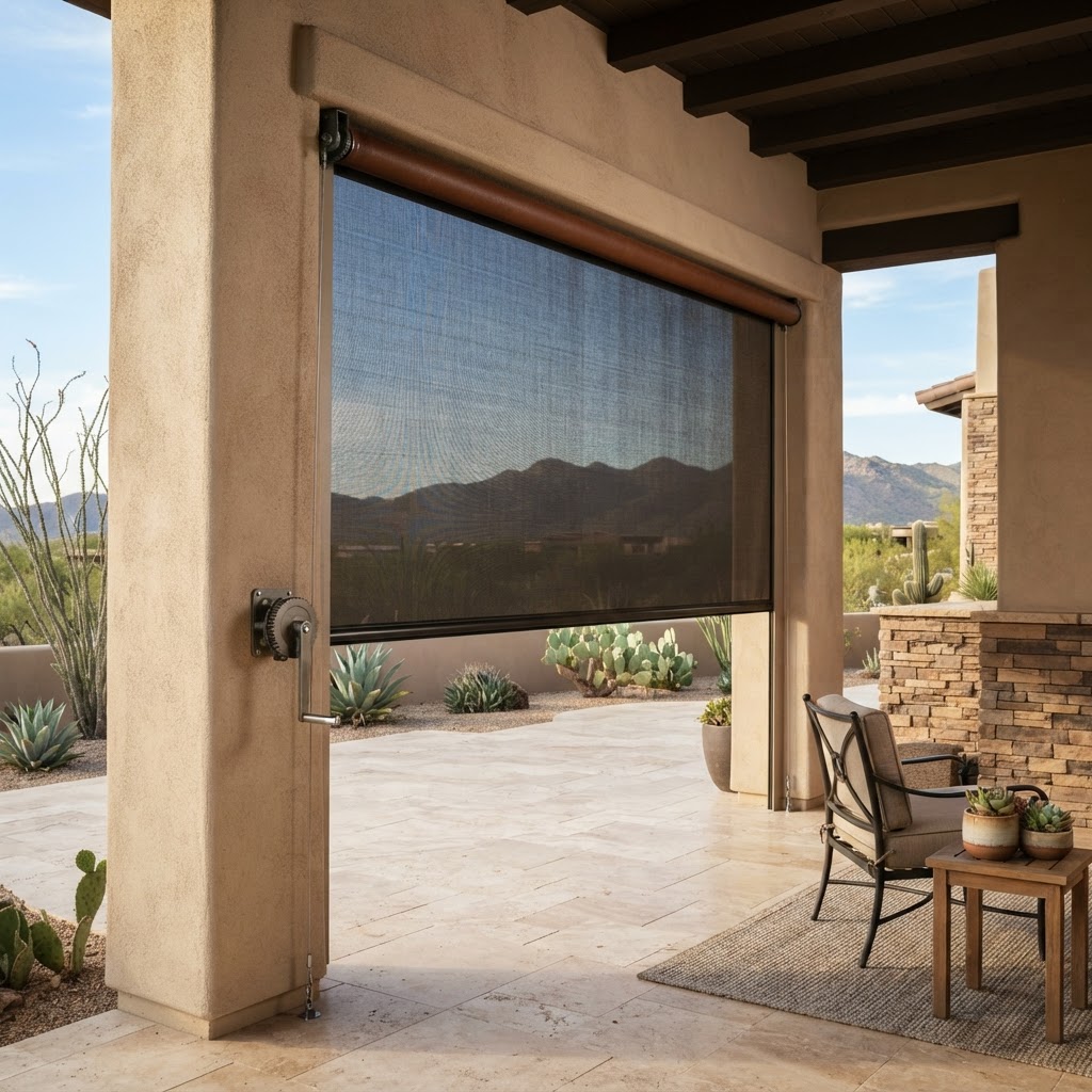 Manual exposed exterior crank roll shade installed on an Arizona back patio
