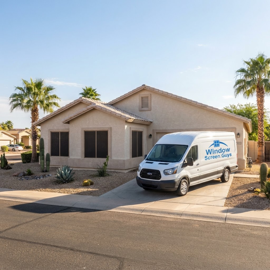 Completed turf burn prevention screens job in Phoenix AZ with the Window Screen Guys van out front