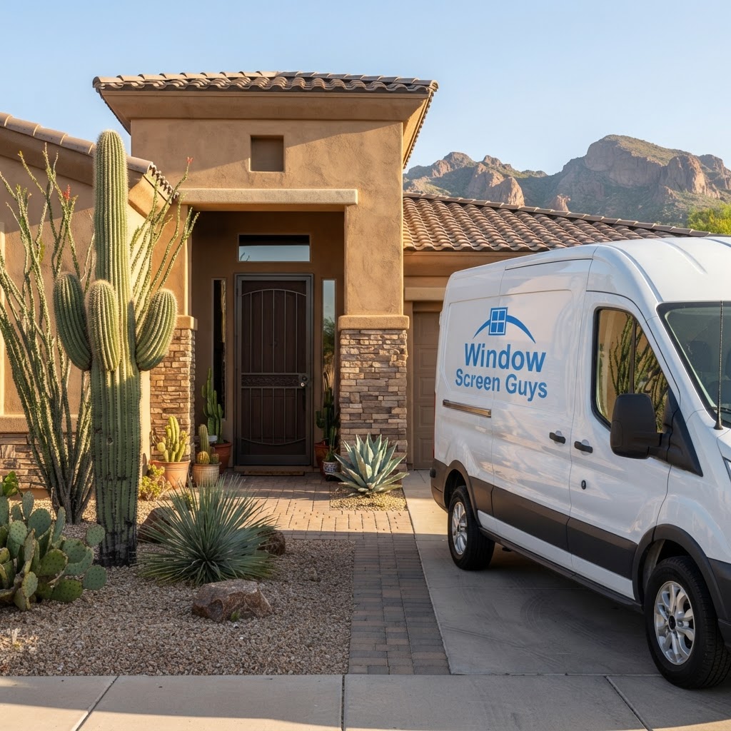 Completed screen door installation & repair job in Phoenix AZ with the Window Screen Guys van out front