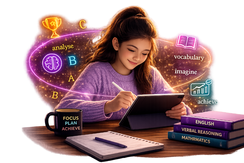 Child confidently preparing for 11+ verbal reasoning with 11PlusQuest