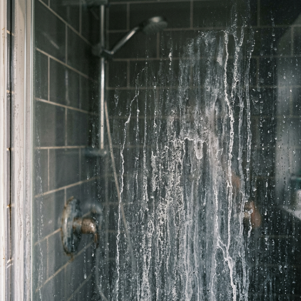 Unprotected shower glass with hard water stains