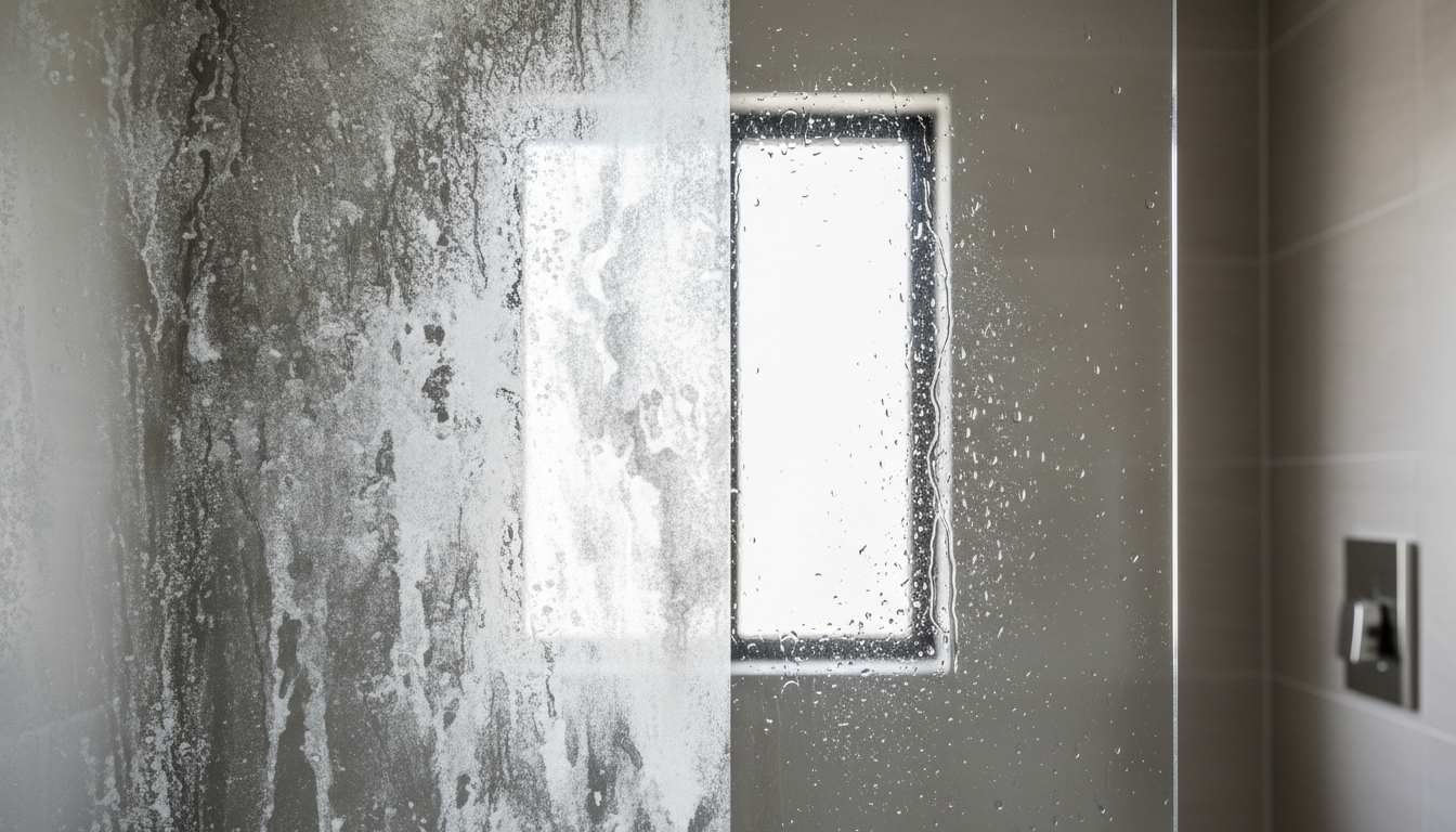Before and after comparison of shower glass with hard water damage