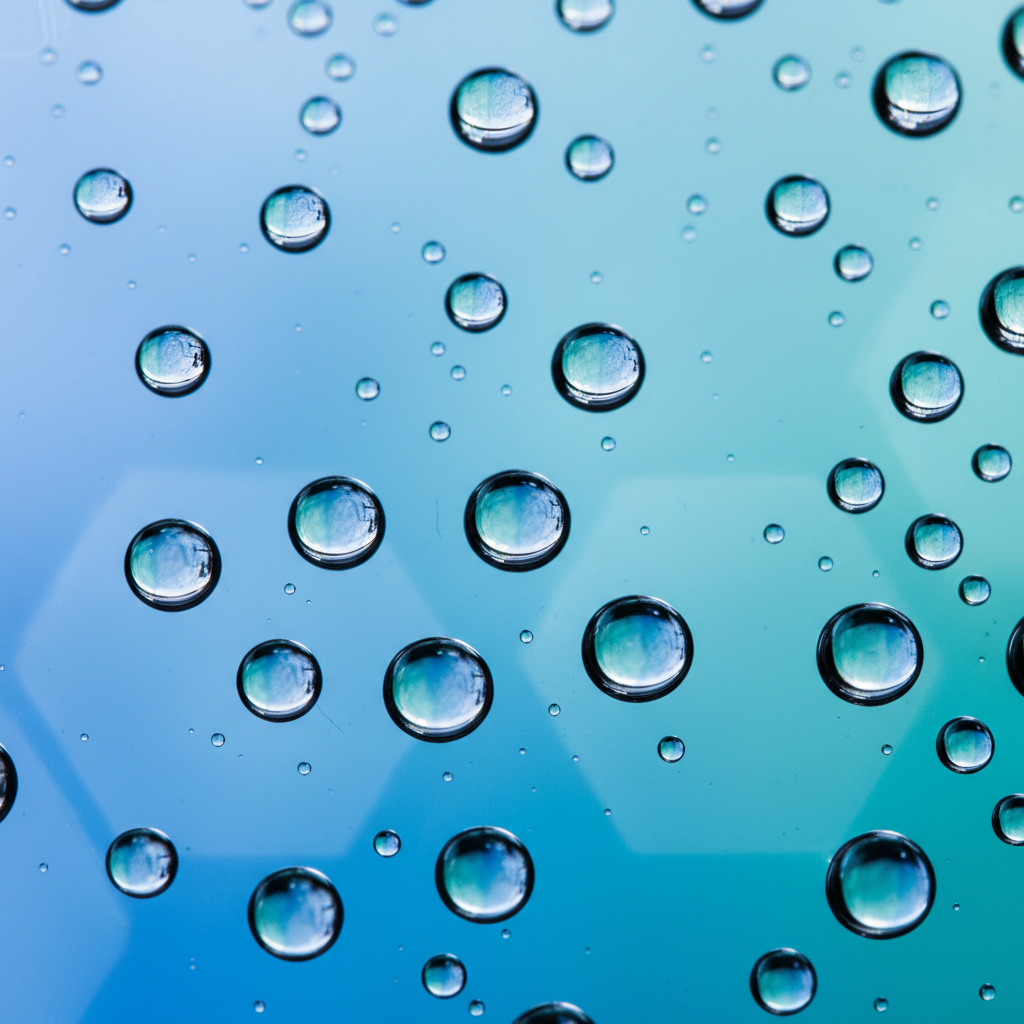 Close-up of hydrophobic nano-coating with water beading on glass surface