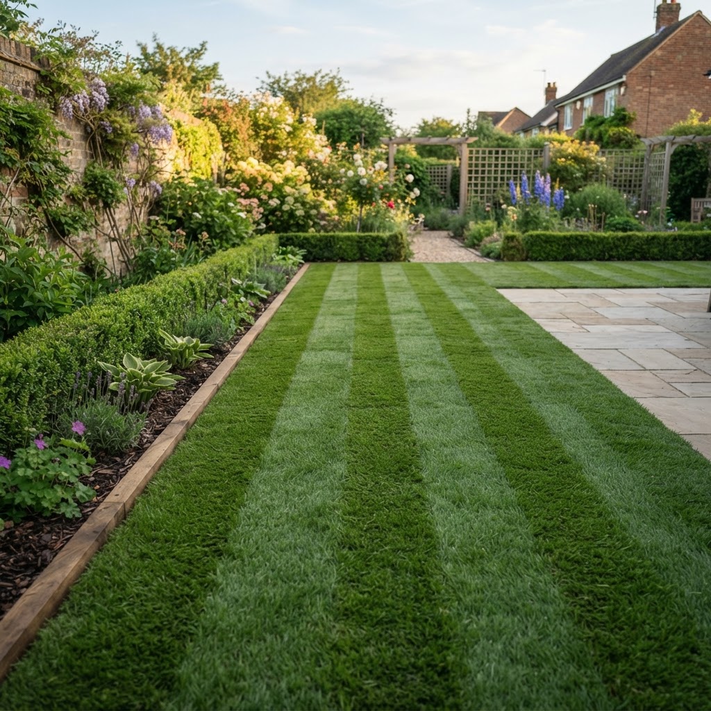 A newly turfed lawn with neat seams and a crisp edge in a newly landscaped garden