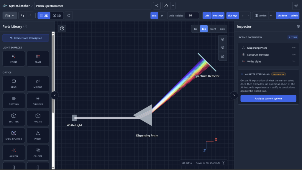 OpticSketcher desktop workspace, annotated