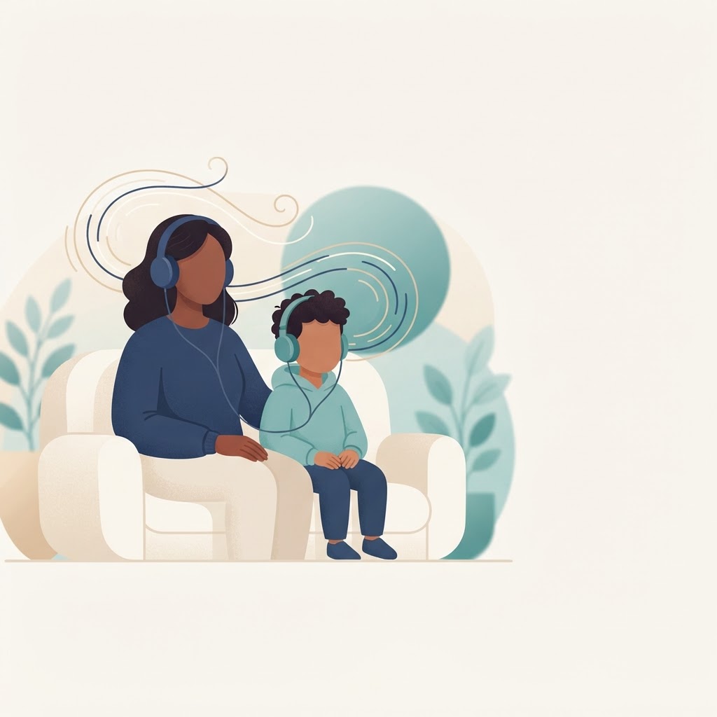 Illustration of a parent and child listening together with headphones.