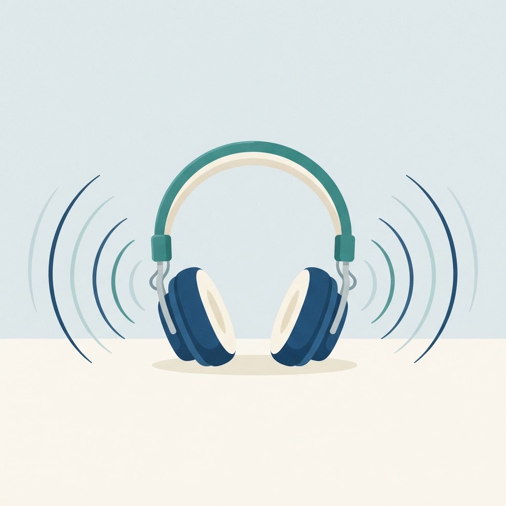 Illustration of headphones with soft sound waves flowing out.