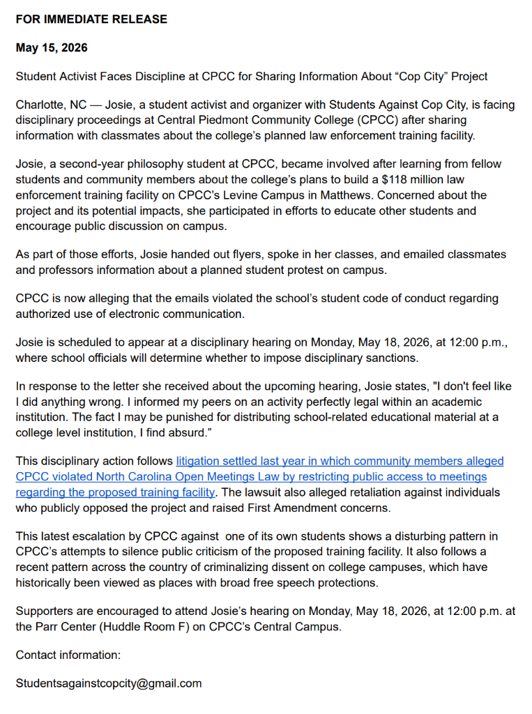 Press release: Student Activist Faces Discipline at CPCC for Sharing Information About Cop City Project