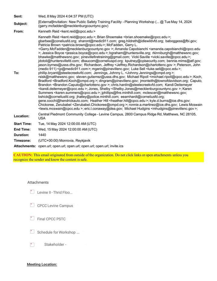 Email body detailing the planning workshop agenda for CPCC's public safety training facility