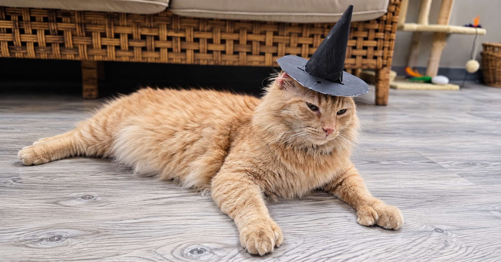 Cat in a witch hat at Cups & Cats Café