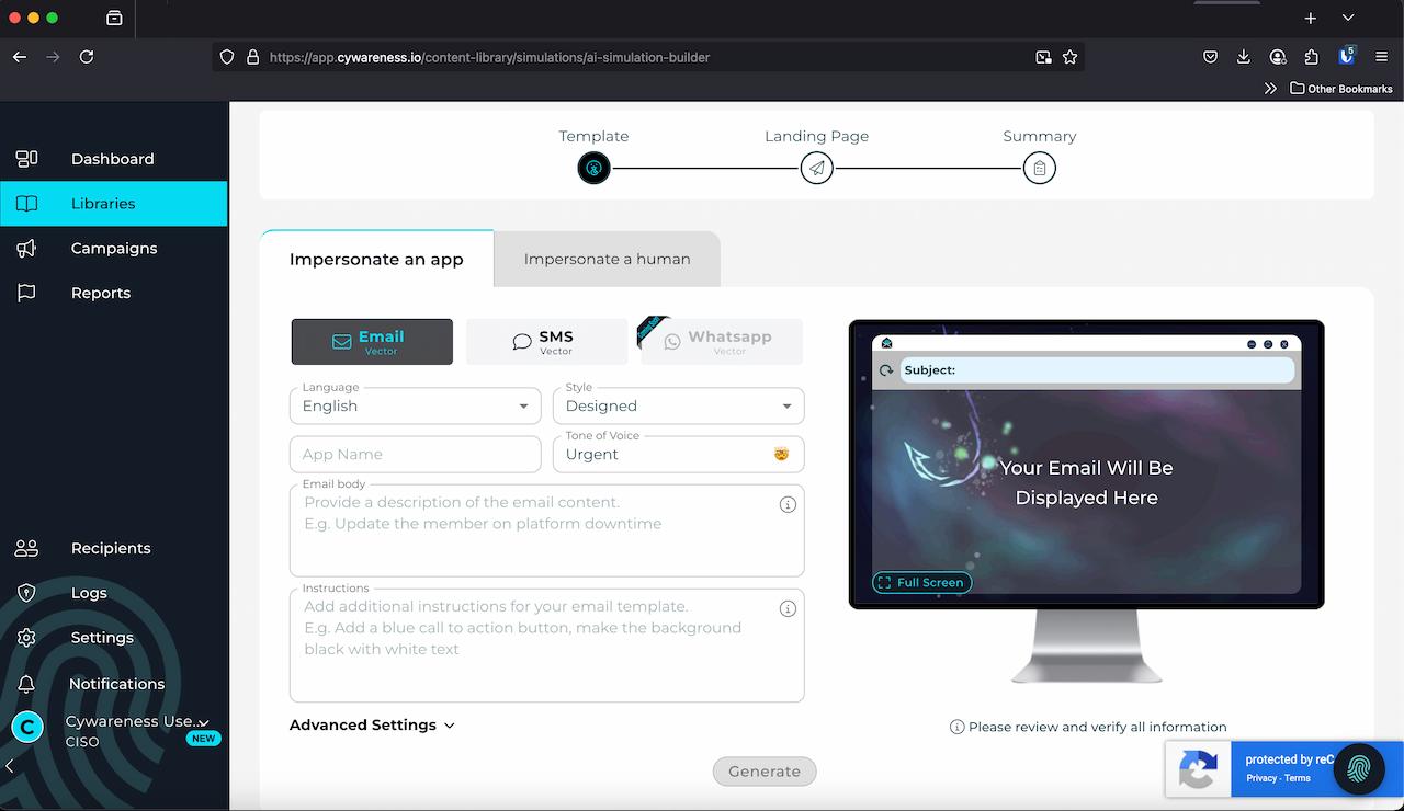 Cywareness platform screenshot
