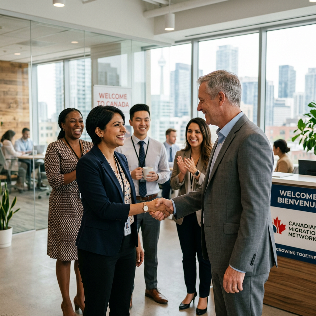 Diverse professionals and newcomers in a modern Canadian workplace