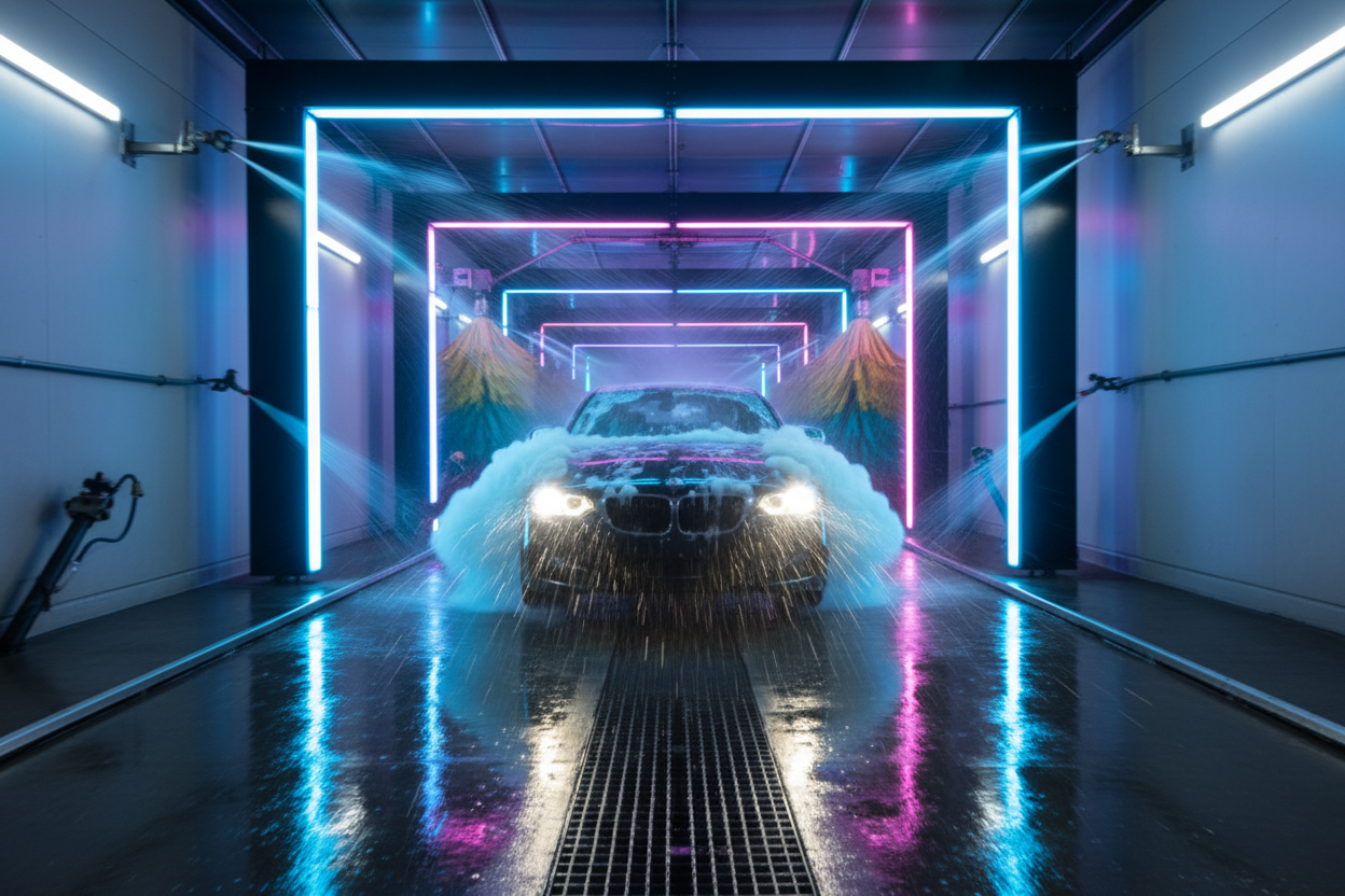 A car passing through the Mister Foamy's express tunnel car wash illuminated with colorful foam and lights